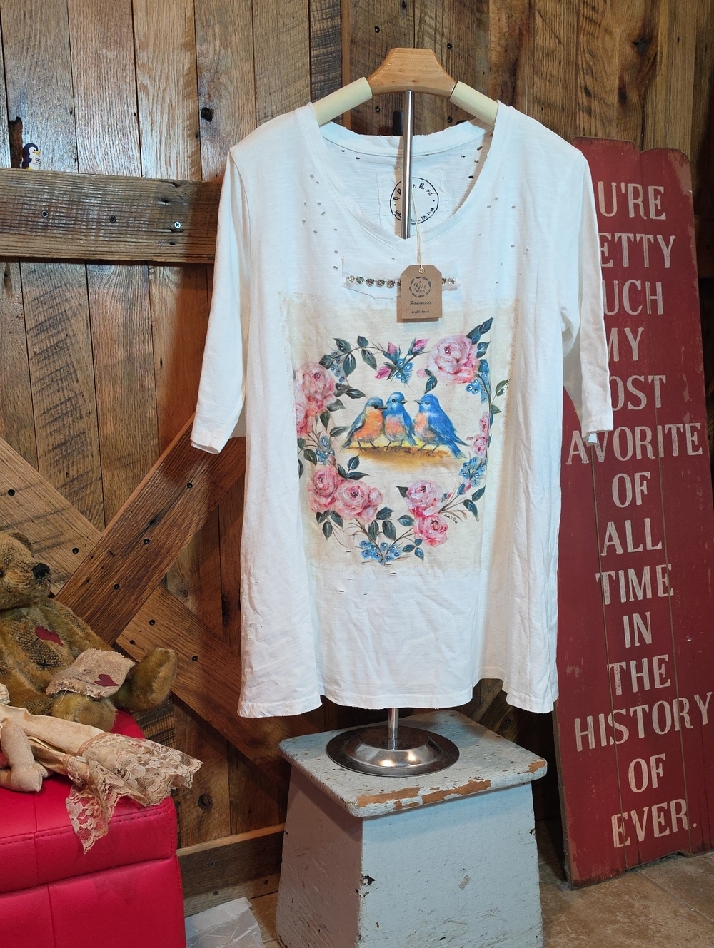 198p A Rare Bird 3 Blue Birds White Floral & Bird Graphic